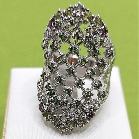 Natural Round Chrome Diopside Rhodolite Gems 925 Sterling Silver Ring Size 7 - Picture 4 of 12